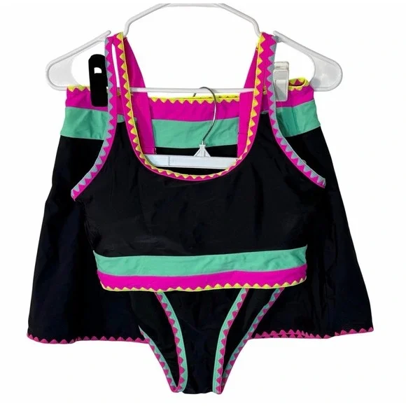 NWT Popvil High Waisted Tummy Control 3 Piece Neon Bikini Set – Medium - Picture 5 of 9